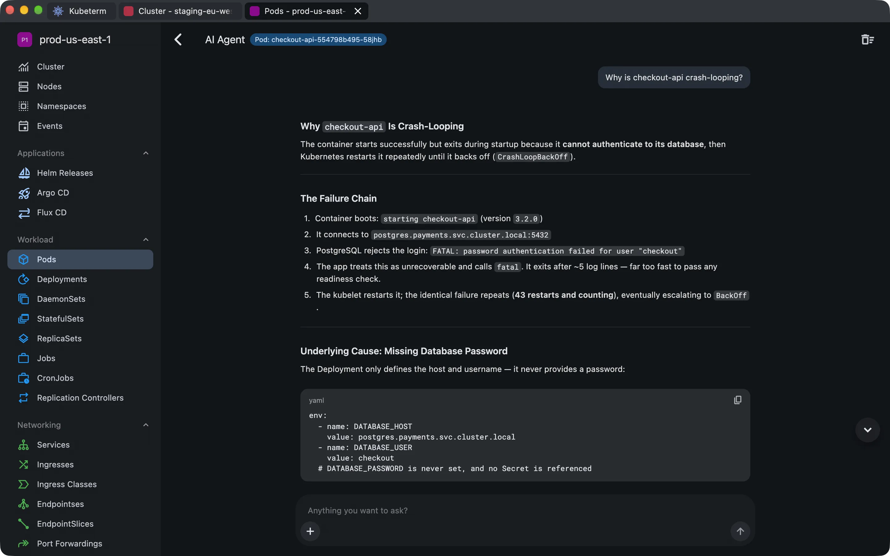 The Kubeterm AI assistant explaining why the checkout-api pod is crash-looping, tracing it to a failed PostgreSQL login and a missing DATABASE_PASSWORD.