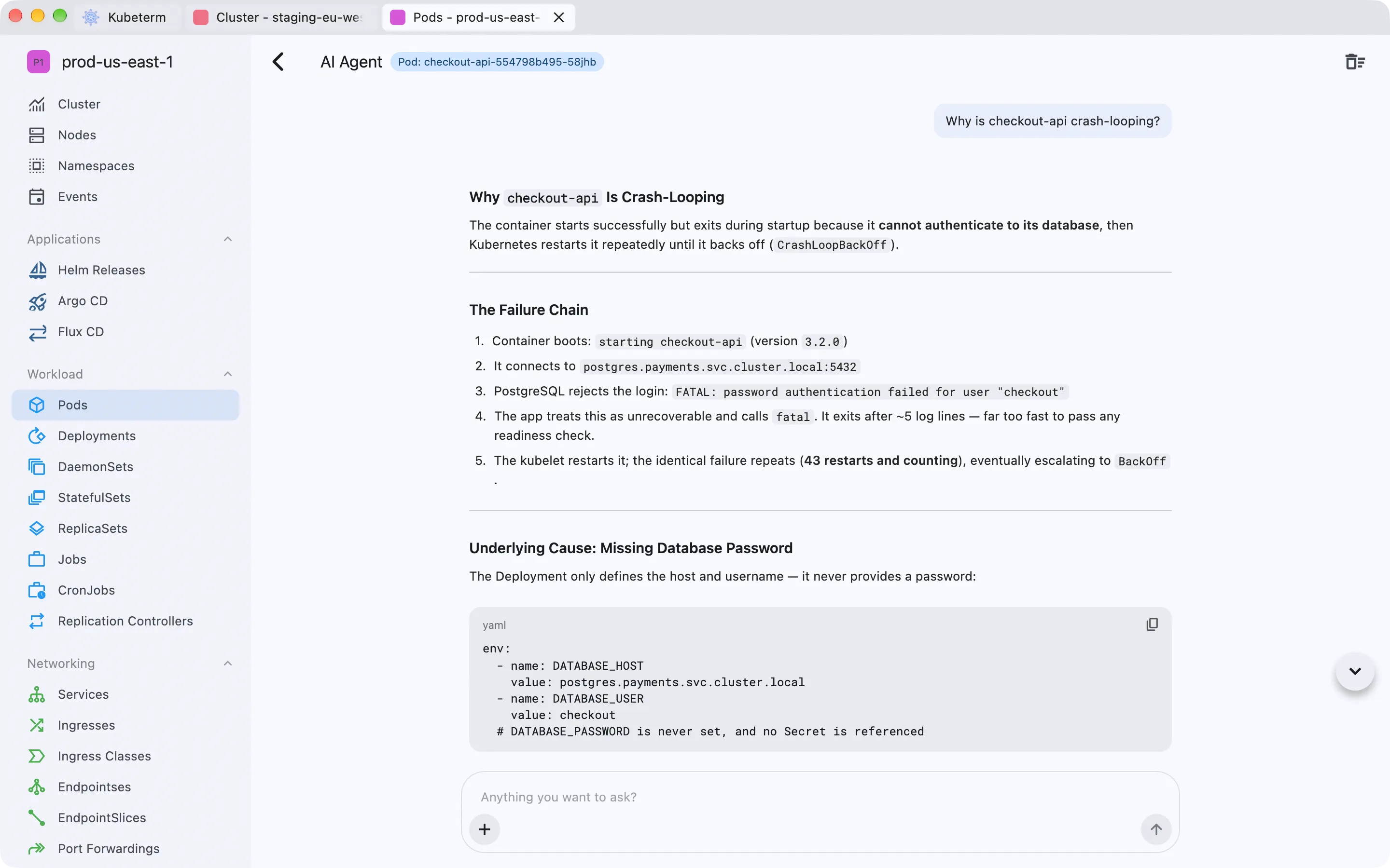 The Kubeterm AI assistant explaining why the checkout-api pod is crash-looping, tracing it to a failed PostgreSQL login and a missing DATABASE_PASSWORD.