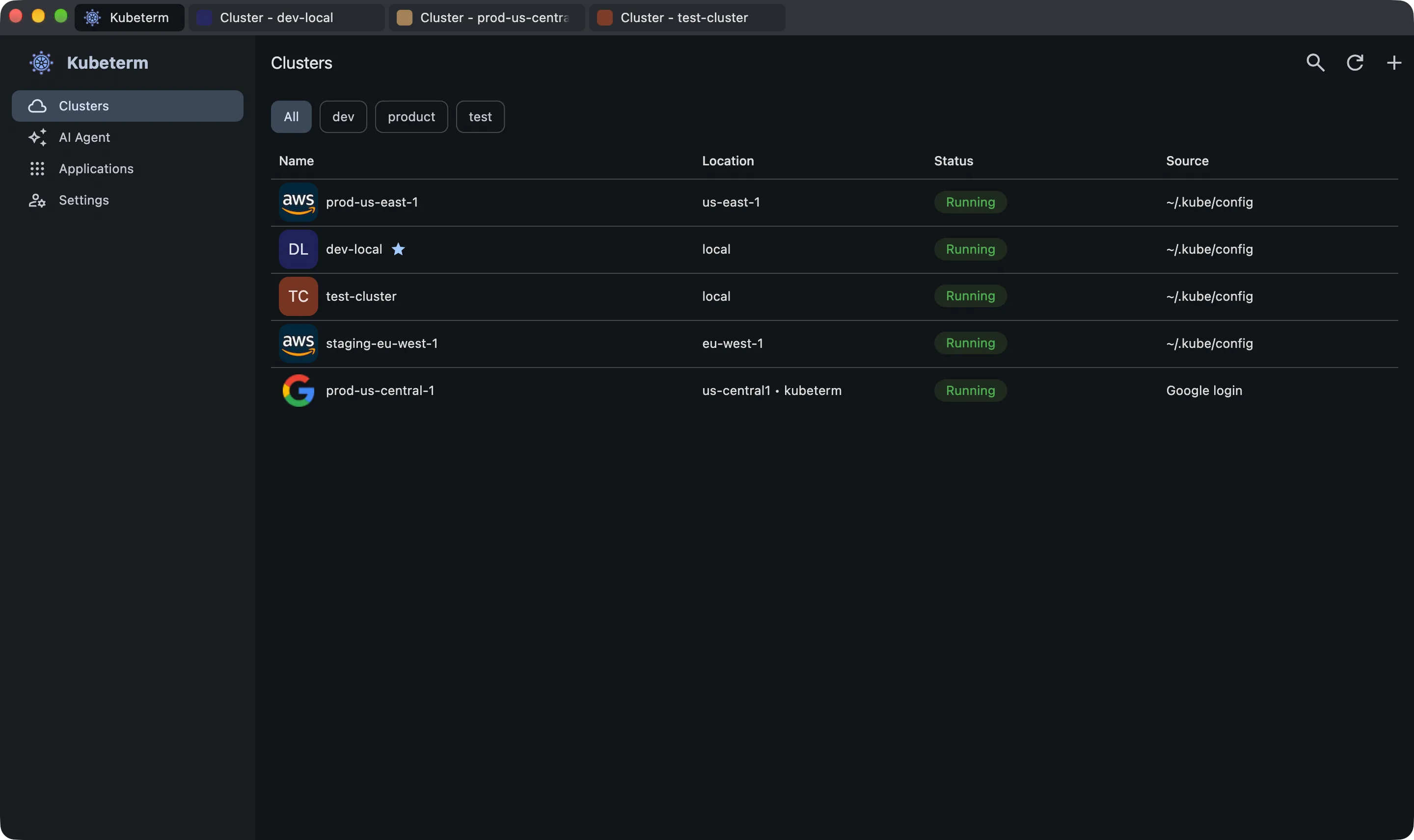 The Kubeterm cluster list showing clusters from a local kubeconfig and from an AWS and Google Cloud login, each with its region and connection status.