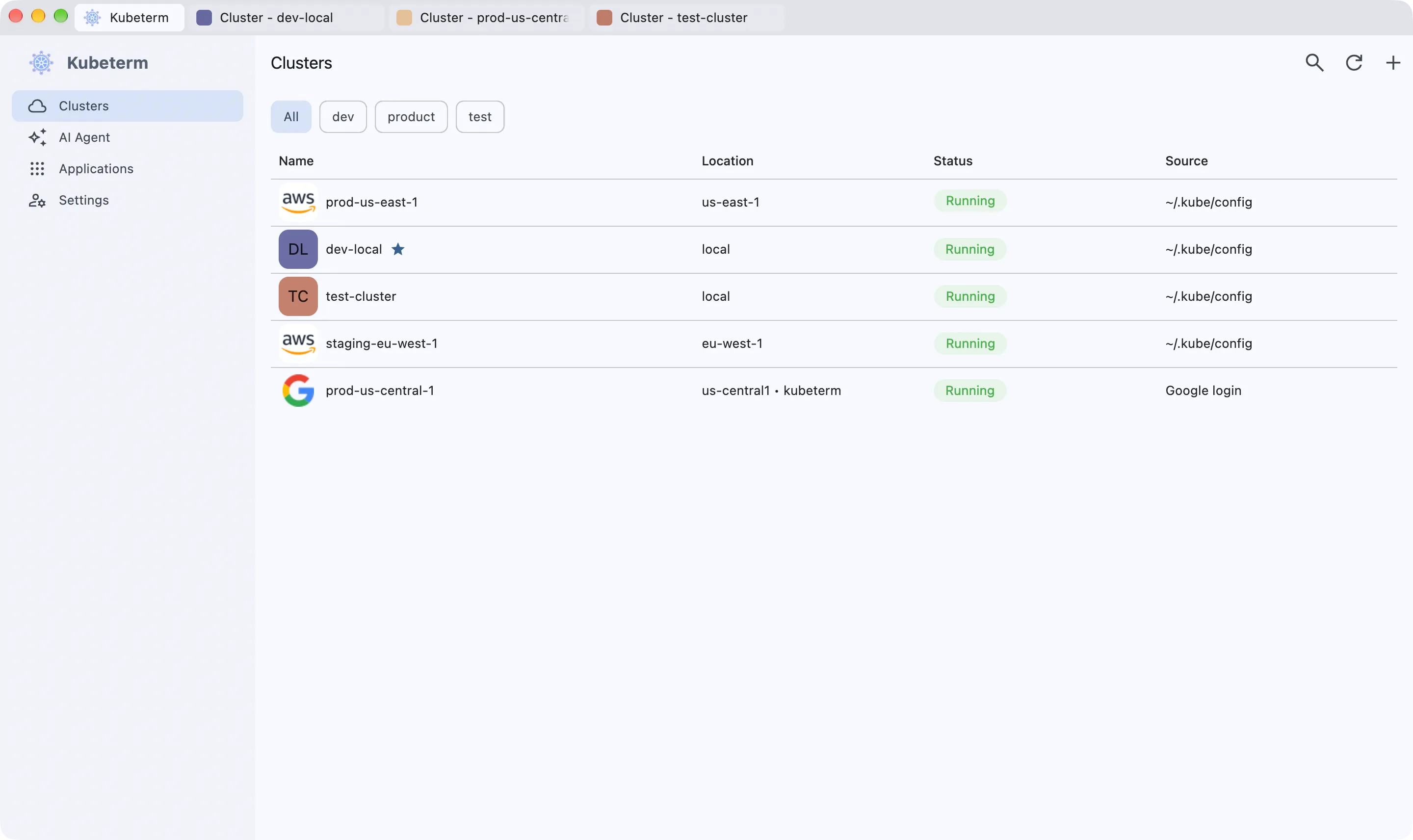 The Kubeterm cluster list showing clusters from a local kubeconfig and from an AWS and Google Cloud login, each with its region and connection status.