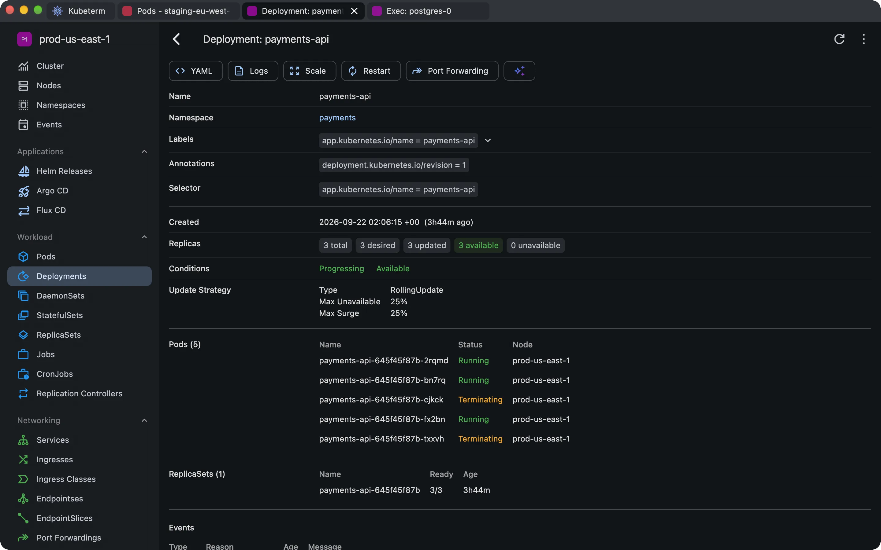 Kubeterm 中的 Deployment 详情页，显示标签、副本数、滚动更新策略、其管理的 Pod 及所在节点，以及 ReplicaSet。