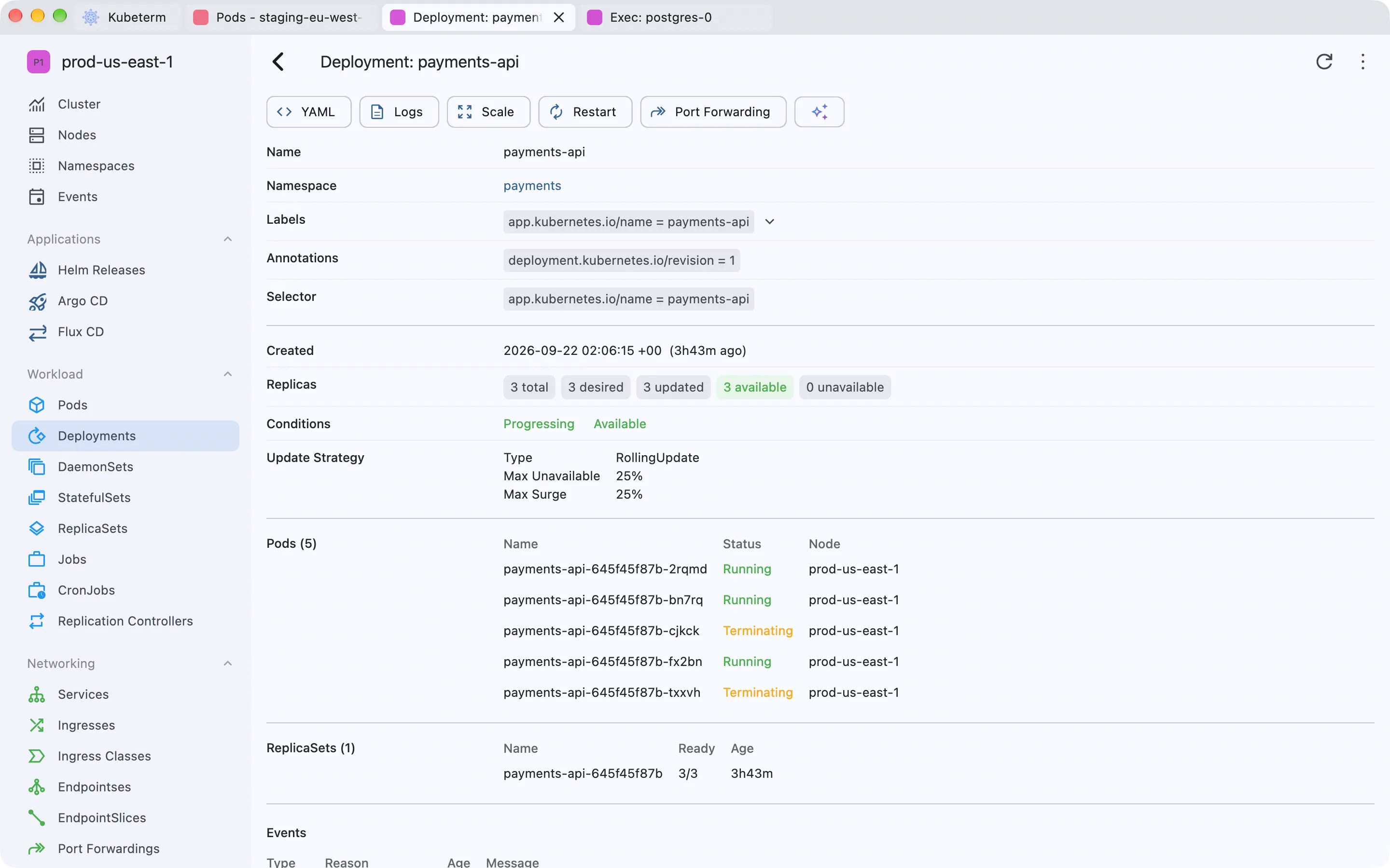 Kubeterm 中的 Deployment 详情页，显示标签、副本数、滚动更新策略、其管理的 Pod 及所在节点，以及 ReplicaSet。