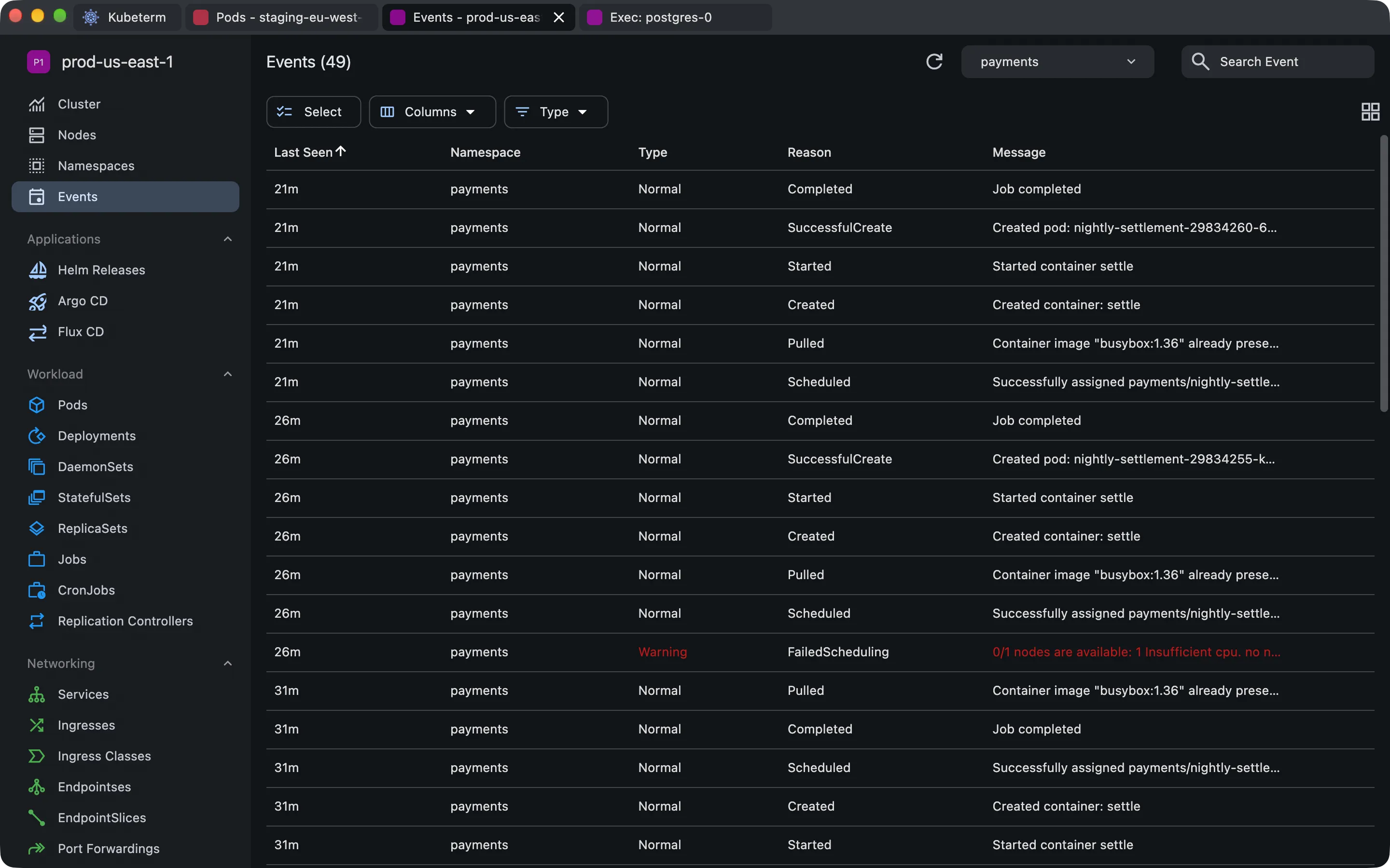 Kubeterm 的事件列表按 payments 命名空间筛选，其中一条 FailedScheduling 警告显示 0/1 nodes are available: 1 Insufficient cpu。
