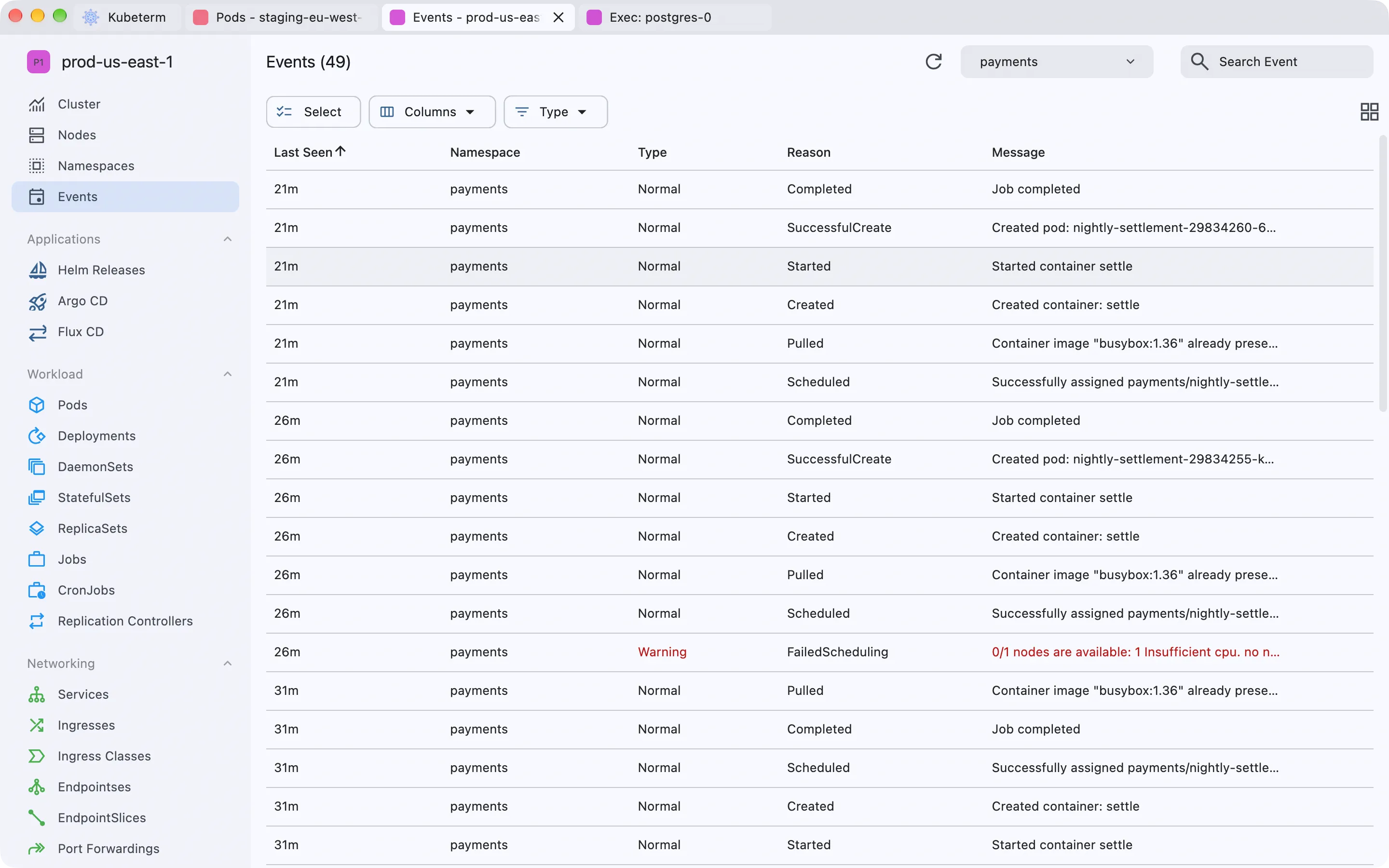 Kubeterm 的事件列表按 payments 命名空间筛选，其中一条 FailedScheduling 警告显示 0/1 nodes are available: 1 Insufficient cpu。