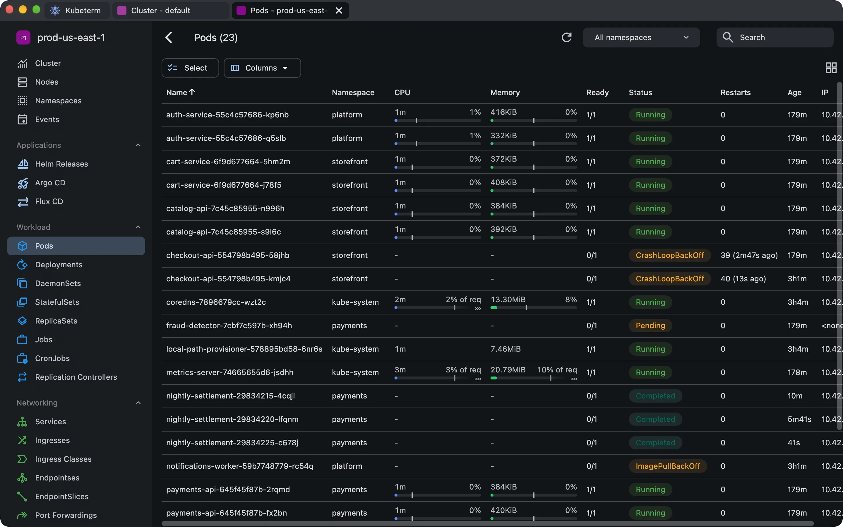 Kubeterm on macOS listing pods in the prod-us-east-1 cluster, with CPU and memory usage bars and two crash-looping checkout-api pods.