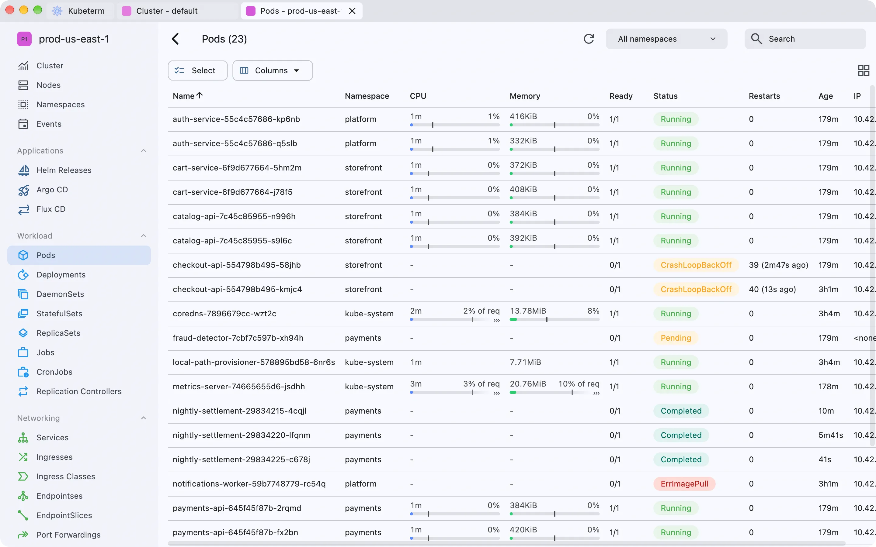 Kubeterm on macOS listing pods in the prod-us-east-1 cluster, with CPU and memory usage bars and two crash-looping checkout-api pods.