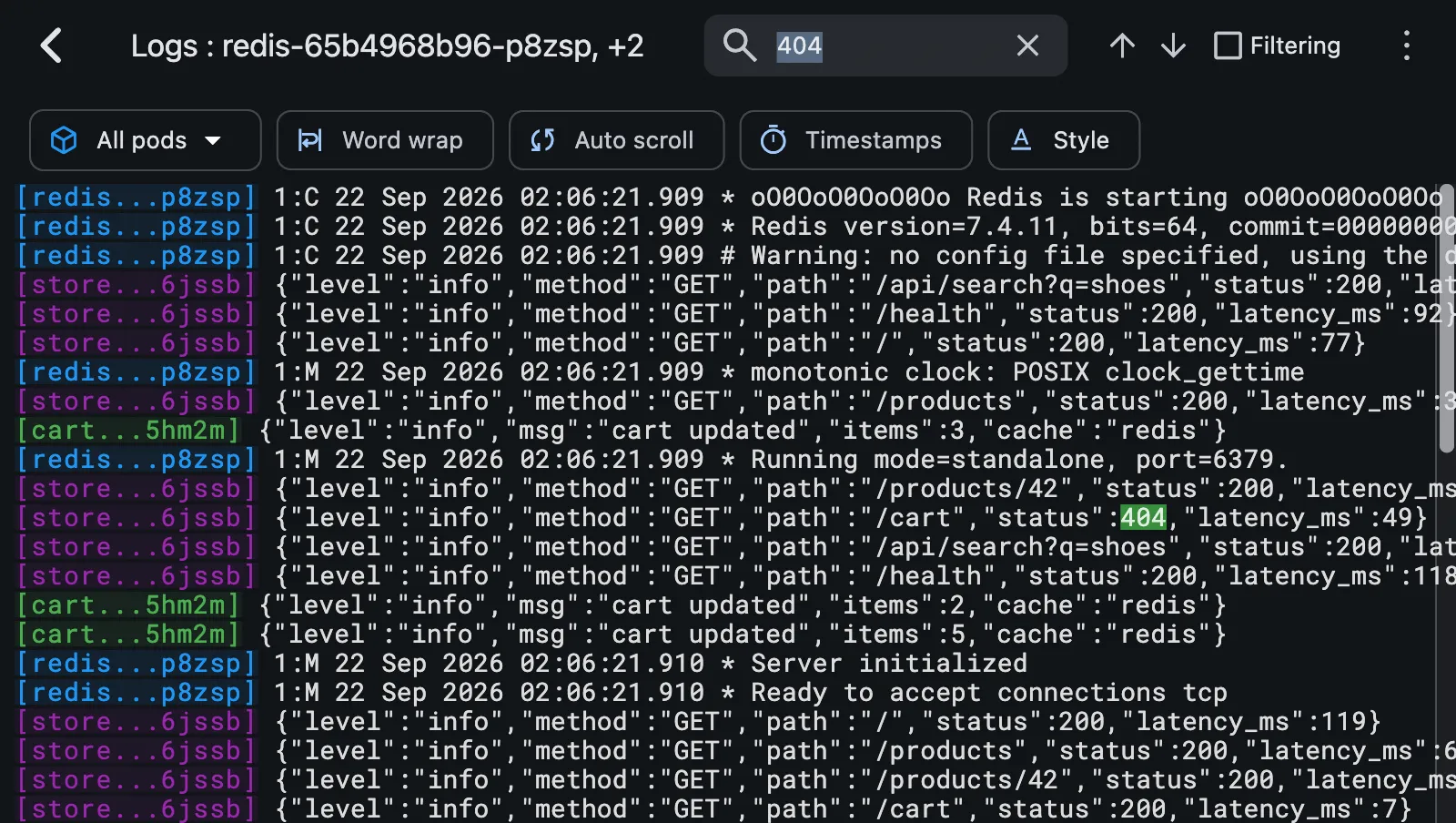 Kubeterm streaming logs from several pods at once, with matches for the search term 404 highlighted.