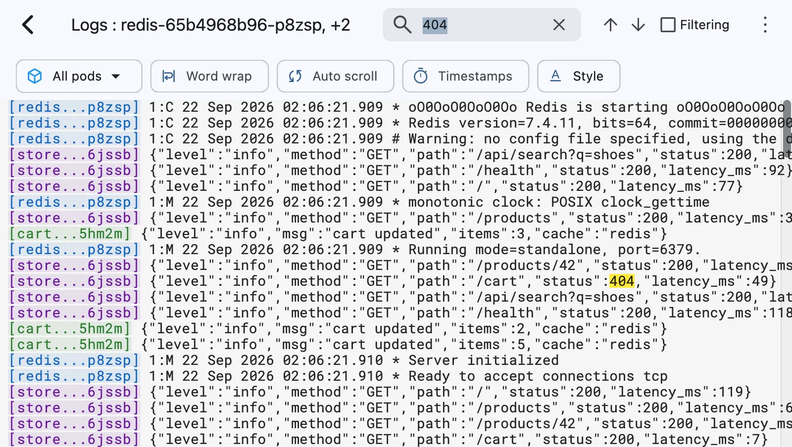 Kubeterm streaming logs from several pods at once, with matches for the search term 404 highlighted.