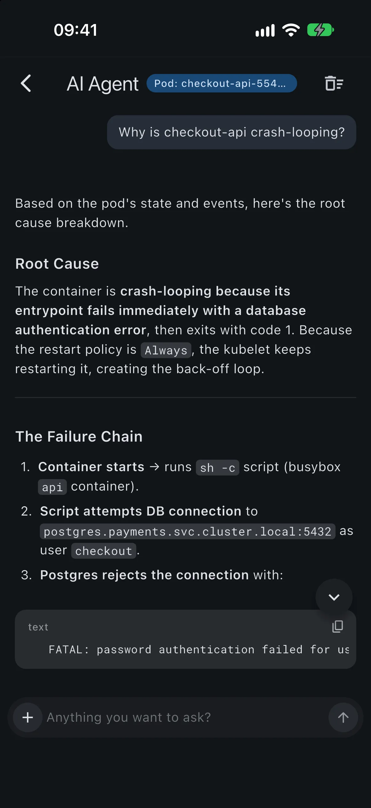 The Kubeterm AI assistant on iPhone explaining a crash-looping pod.