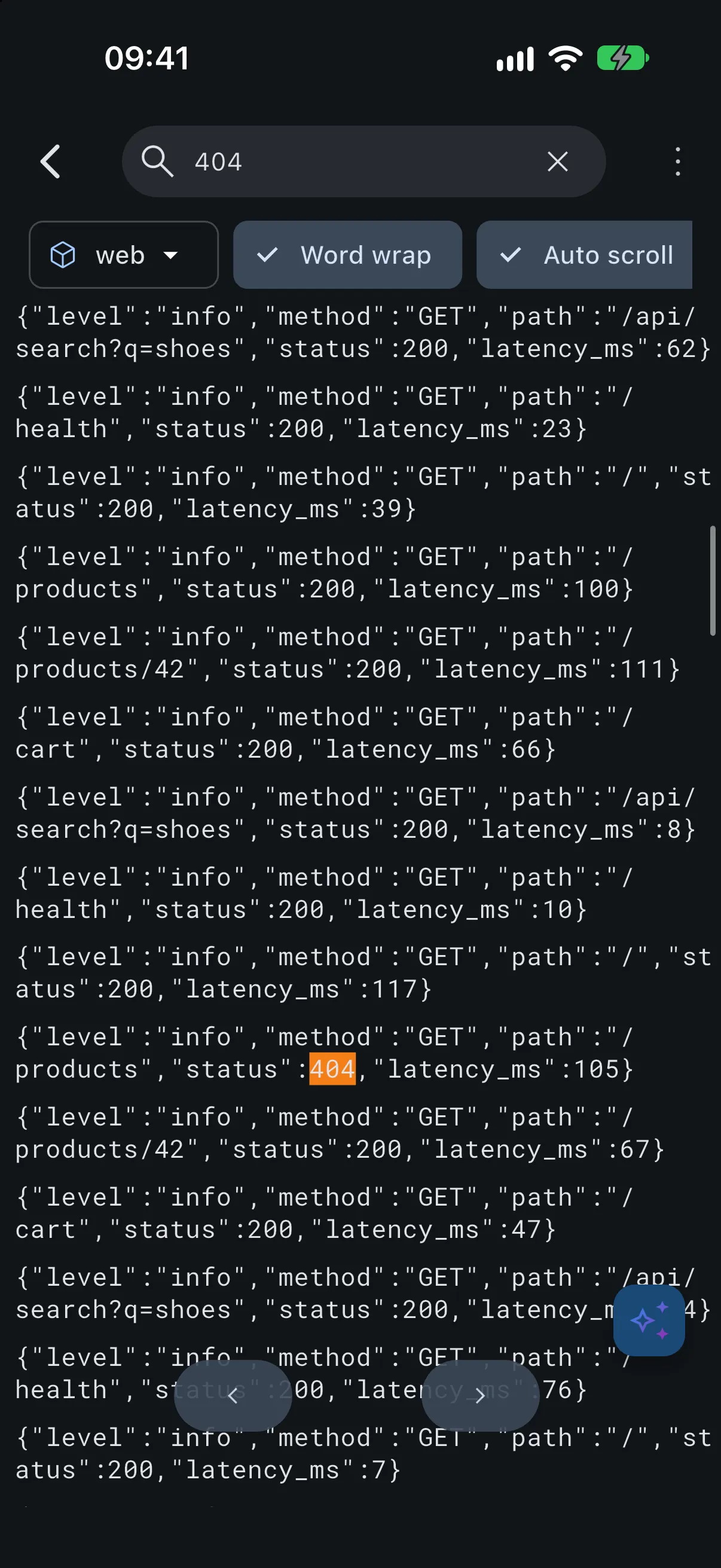 Kubeterm on iPhone streaming logs from a running pod.