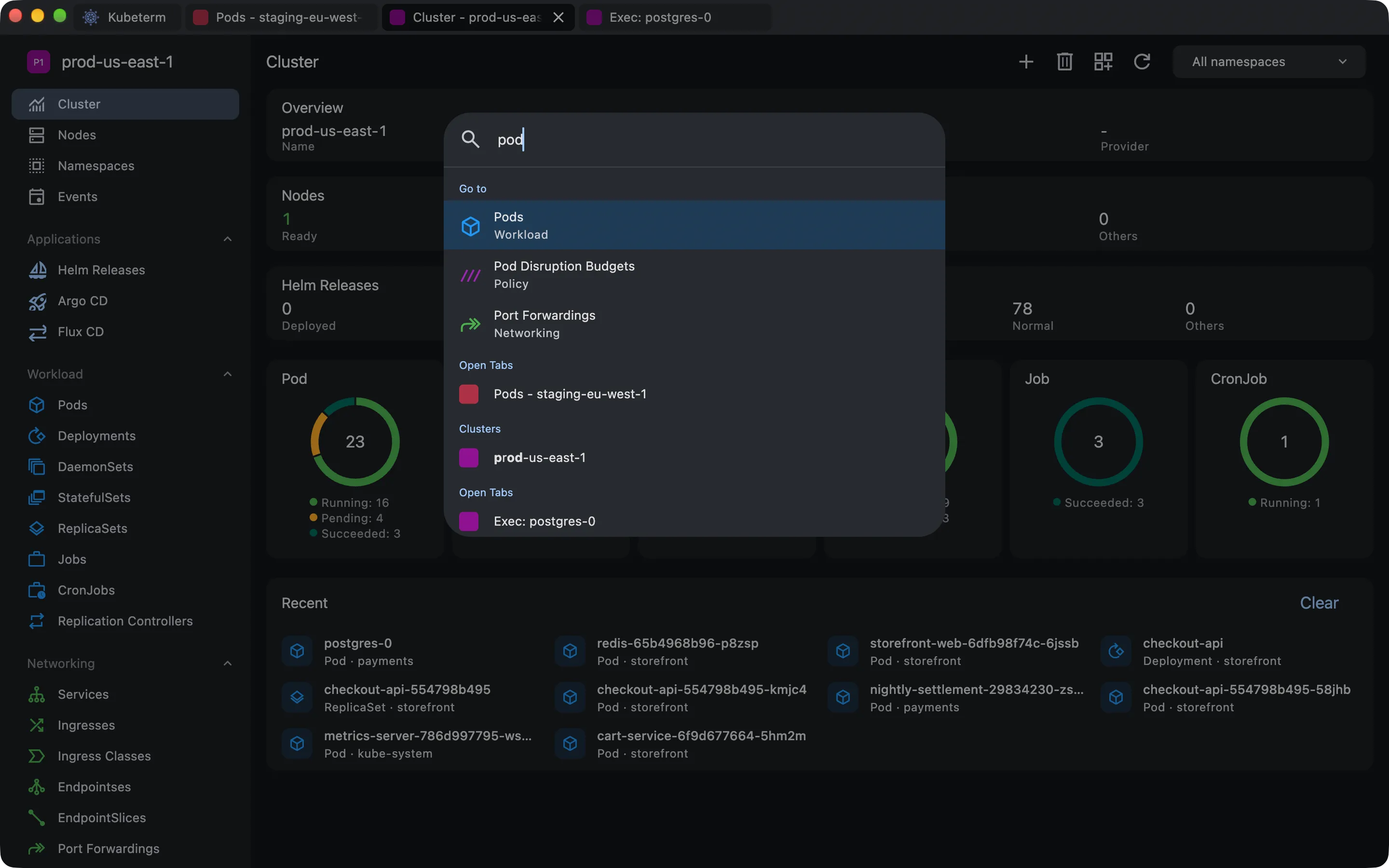 The Kubeterm command palette open over the cluster dashboard, filtering resource types, open tabs, clusters, and recently viewed objects.