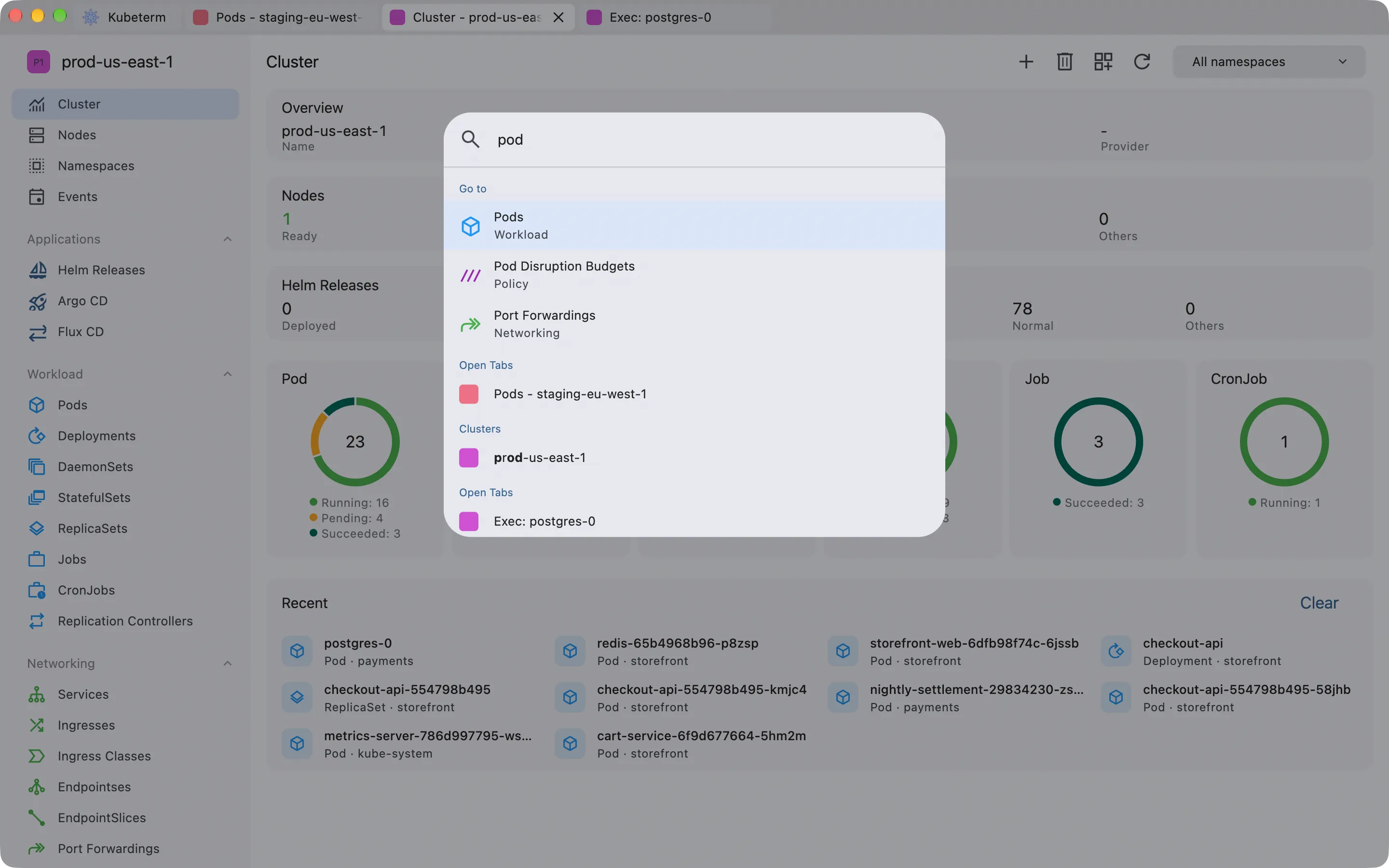 The Kubeterm command palette open over the cluster dashboard, filtering resource types, open tabs, clusters, and recently viewed objects.